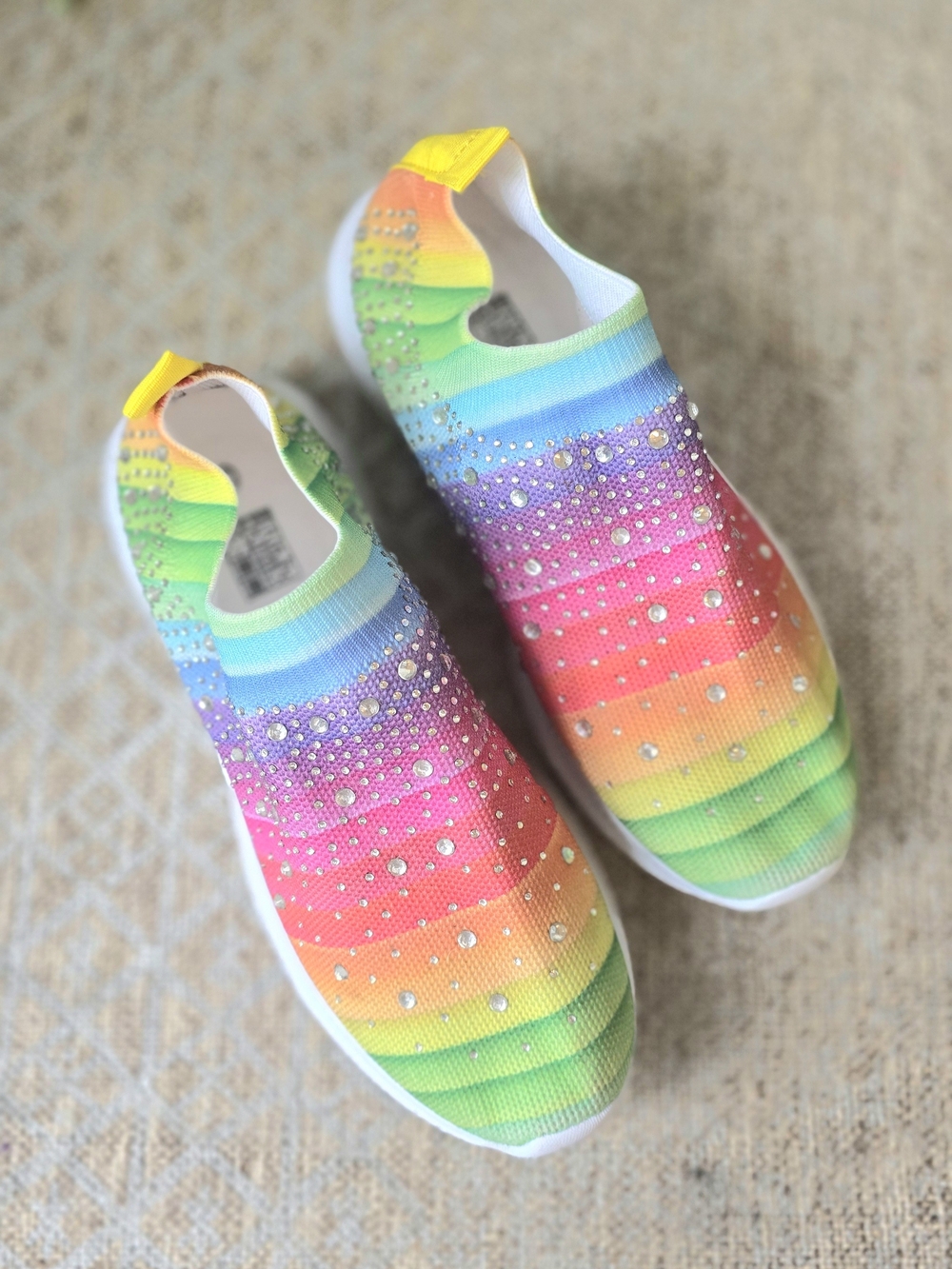 Rainbow Slip-On Sneakers with Rhinestone Accents - Women Size 8